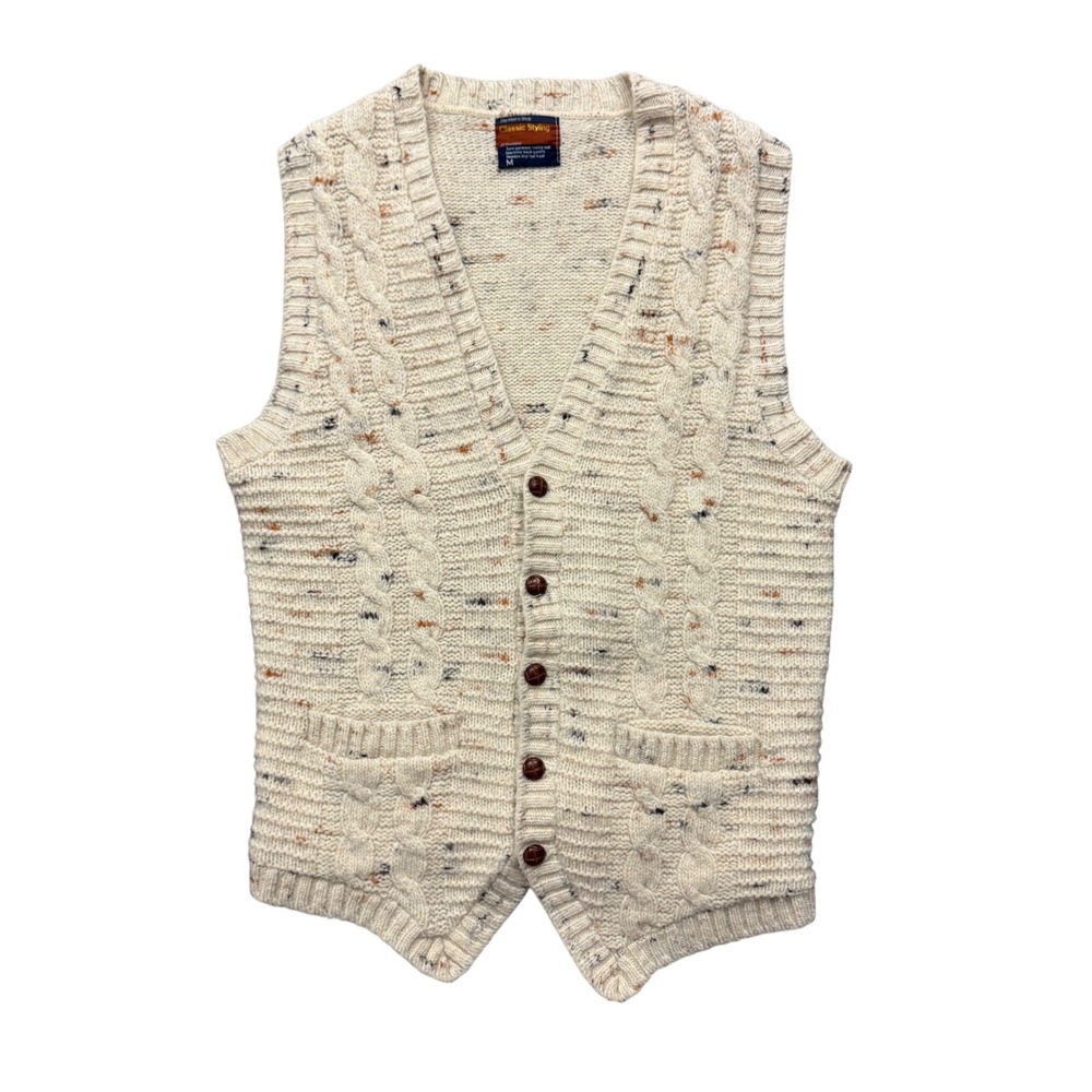 Vintage JCPenney Flecked Cable Knit Cardigan Vest Men's Shop Cream M